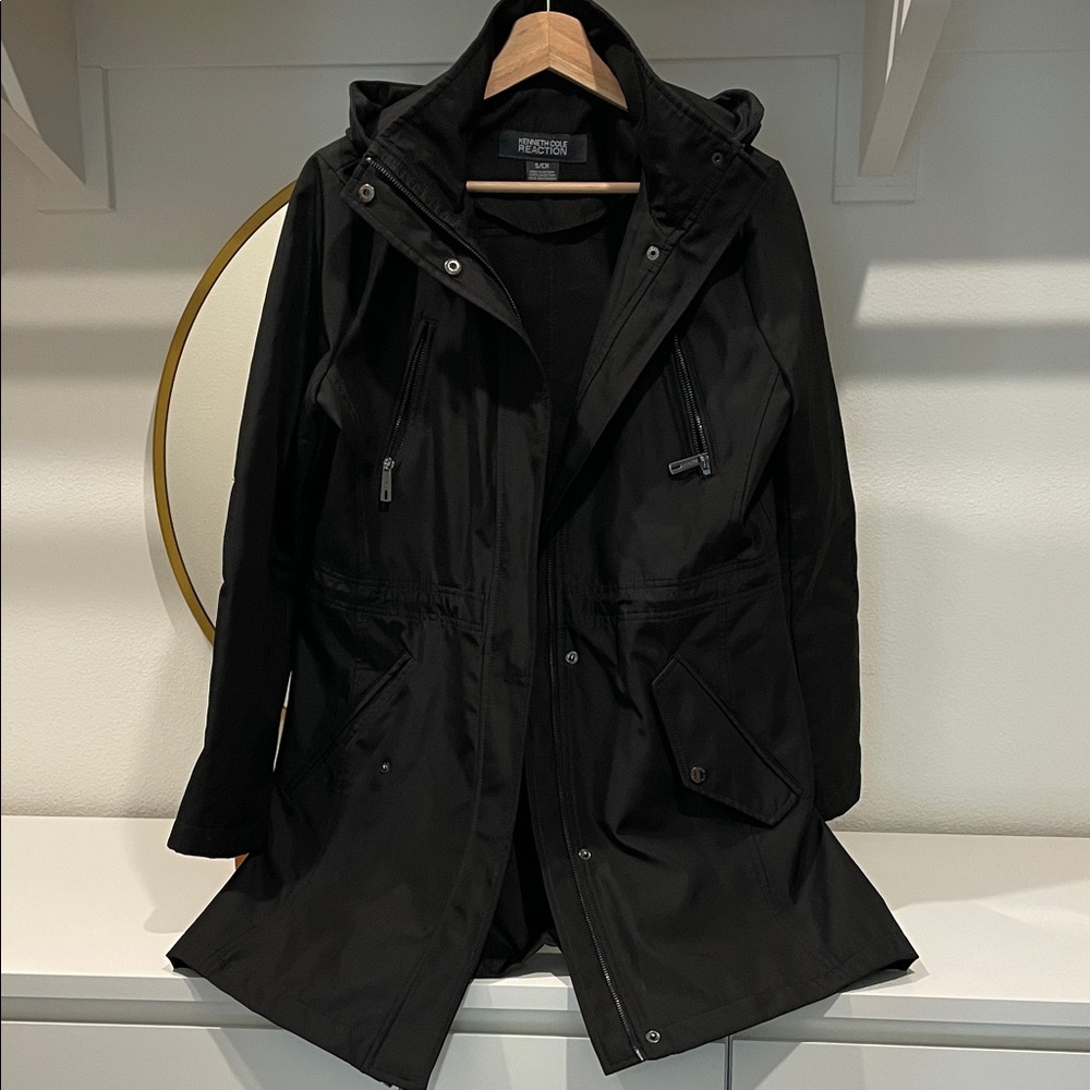 Kenneth Cole reaction Black Hooded rain Trench Coat